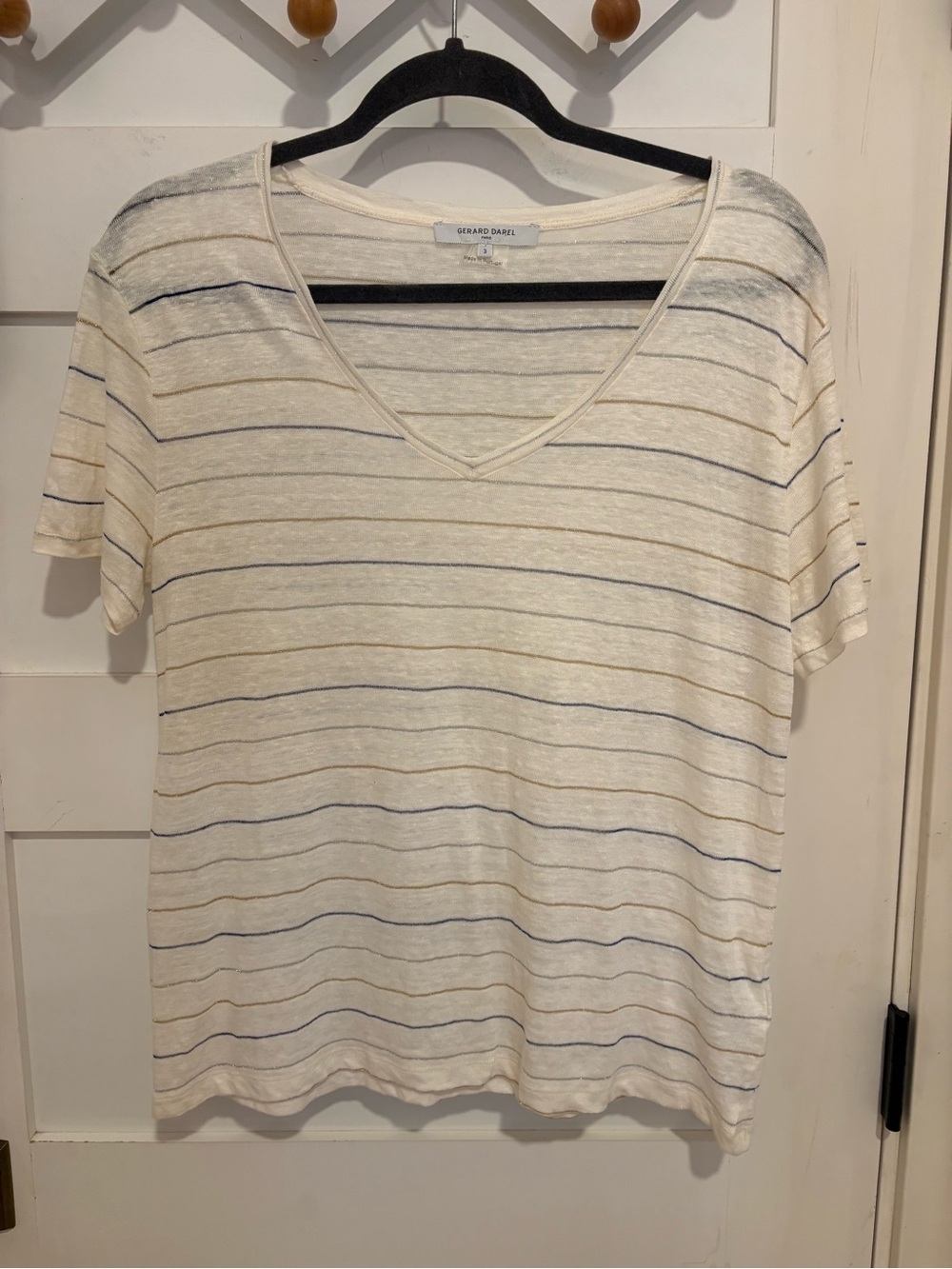 Gerard Darel Women's Linen Striped V-Neck Tee in Cream and Blue